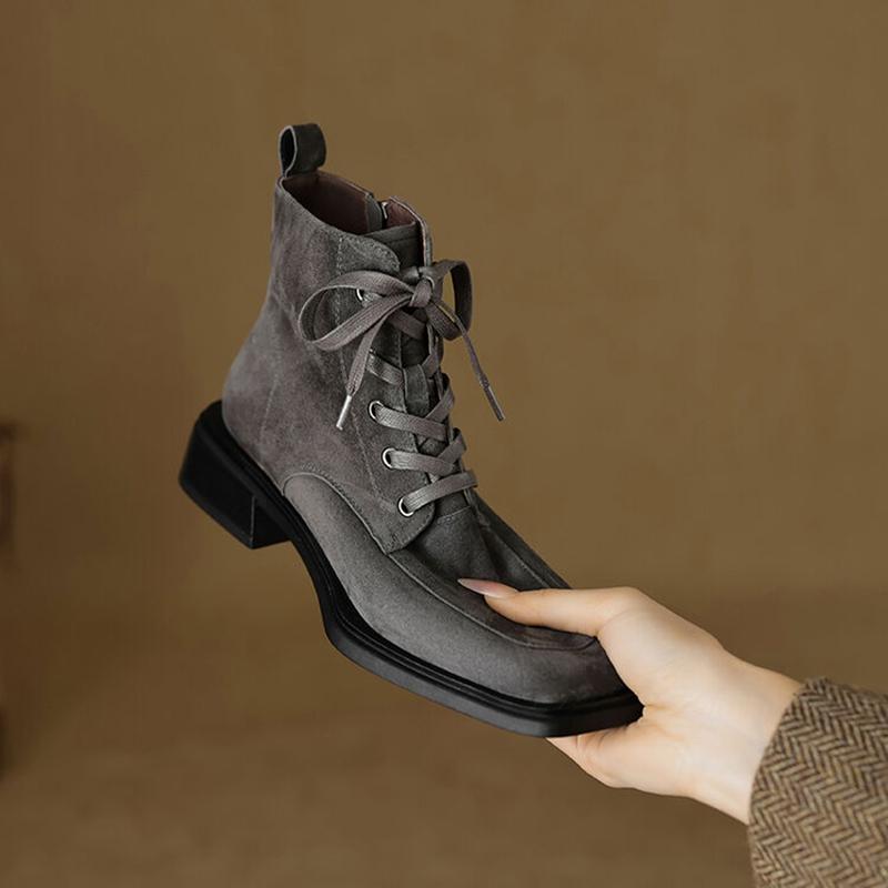 Fashion NEW Autumn Women Boots Sheep Suede Leather Shoes for Women Sqaure Toe Chunky Heel Shoes Lace-up Zipper Short Boots Daily Shoes