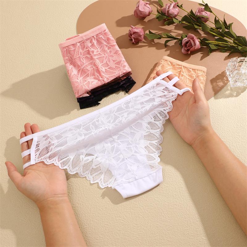 3Pcs Women's Three Belts Underwear Sexy Lace Hollow Out Panties Female Low-Waist Breathable Briefs Stretch Soft Lingerie