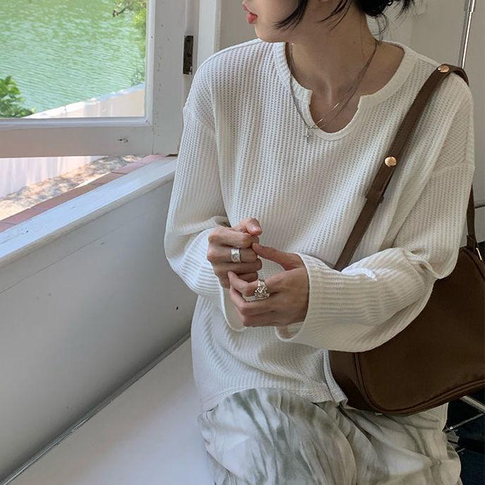 

Waffle Knit Sweater Early Autumn Top T-shirt Women s Unique Design U-neck Niche Thin Slim Long Sleeve S білий