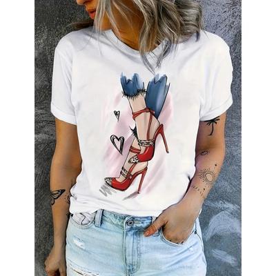 High Heels Printed T-Shirts, Spring/Summer Casual Short Sleeved 2D Round Neck Top   Women'S Fashionable And Trendy Clothing