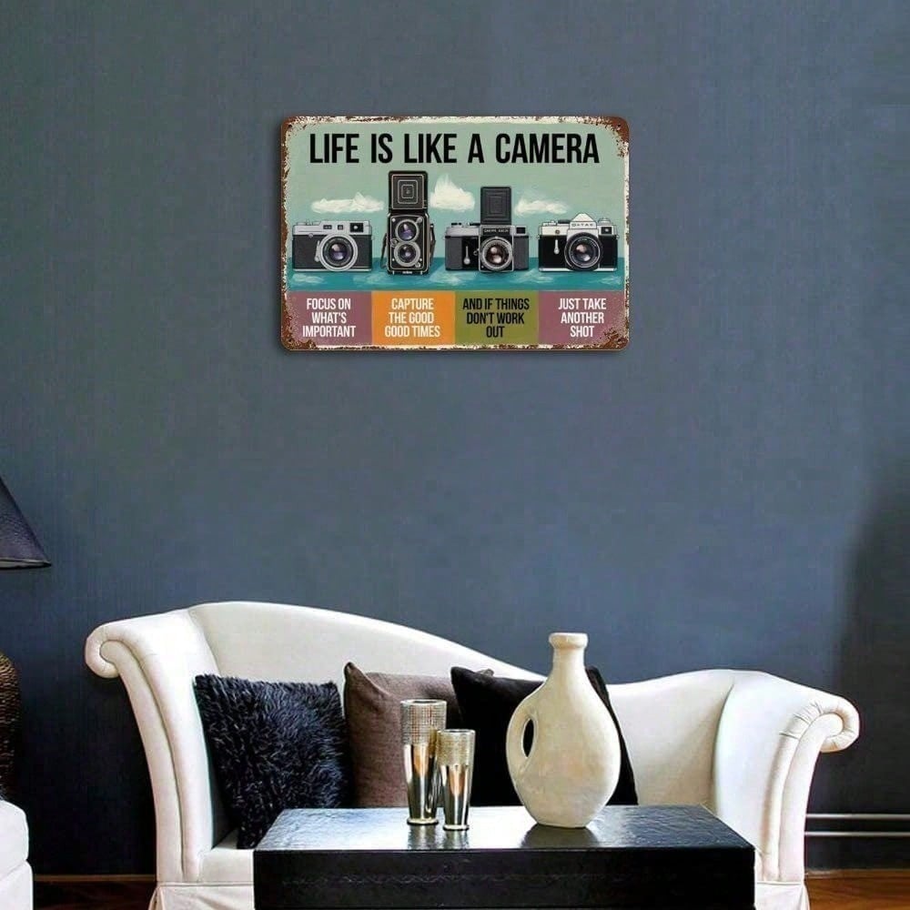 Vintage Metal Camera Sign 12x8 Inch Wall Art, Rustic Life Is Like a Camera Quote Decor, Unique Vintage Style Photo Photographer