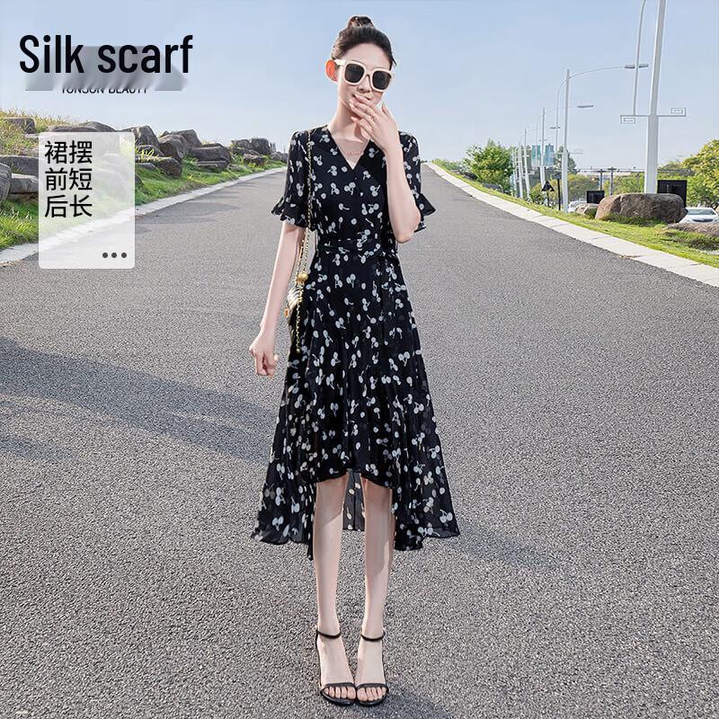 Elegant V-Neck Irregular Floral Ruffle Midi Dress L