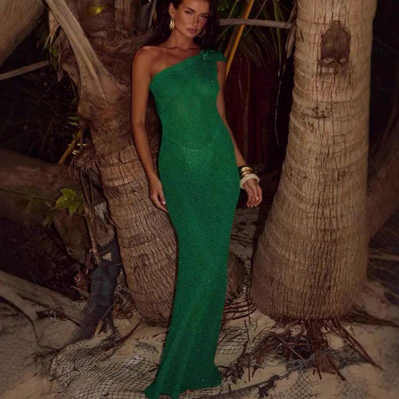 

European and American Slim fit Flash Silk Sloping Shoulder Flower Fishtail Formal Dress Long dress Dress Women Dress, Long Skirt Flash Green S