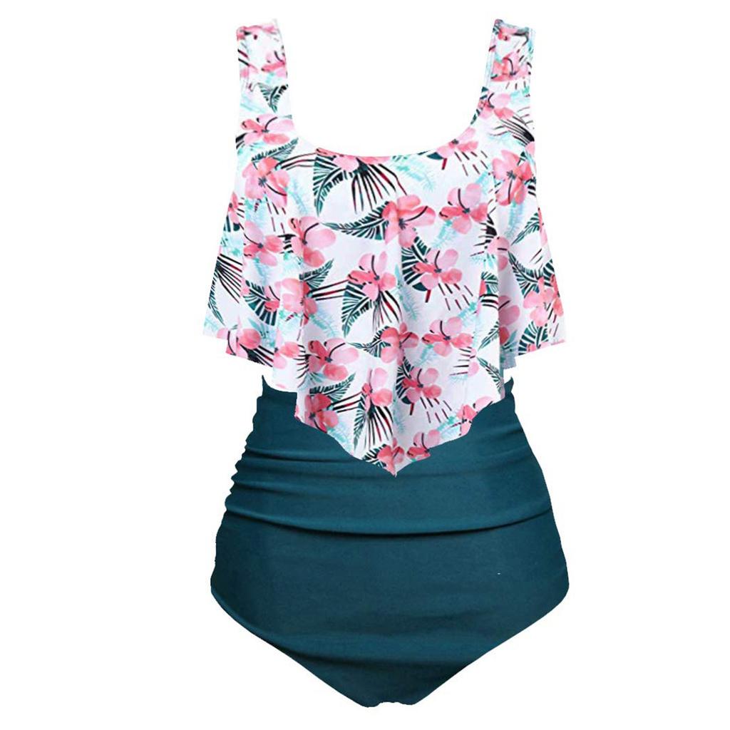 Women's Sexy Printed High Waist Bikini With Ruffled Prints, Belly Band And Breast Pads, Slimming Split Swimsuit