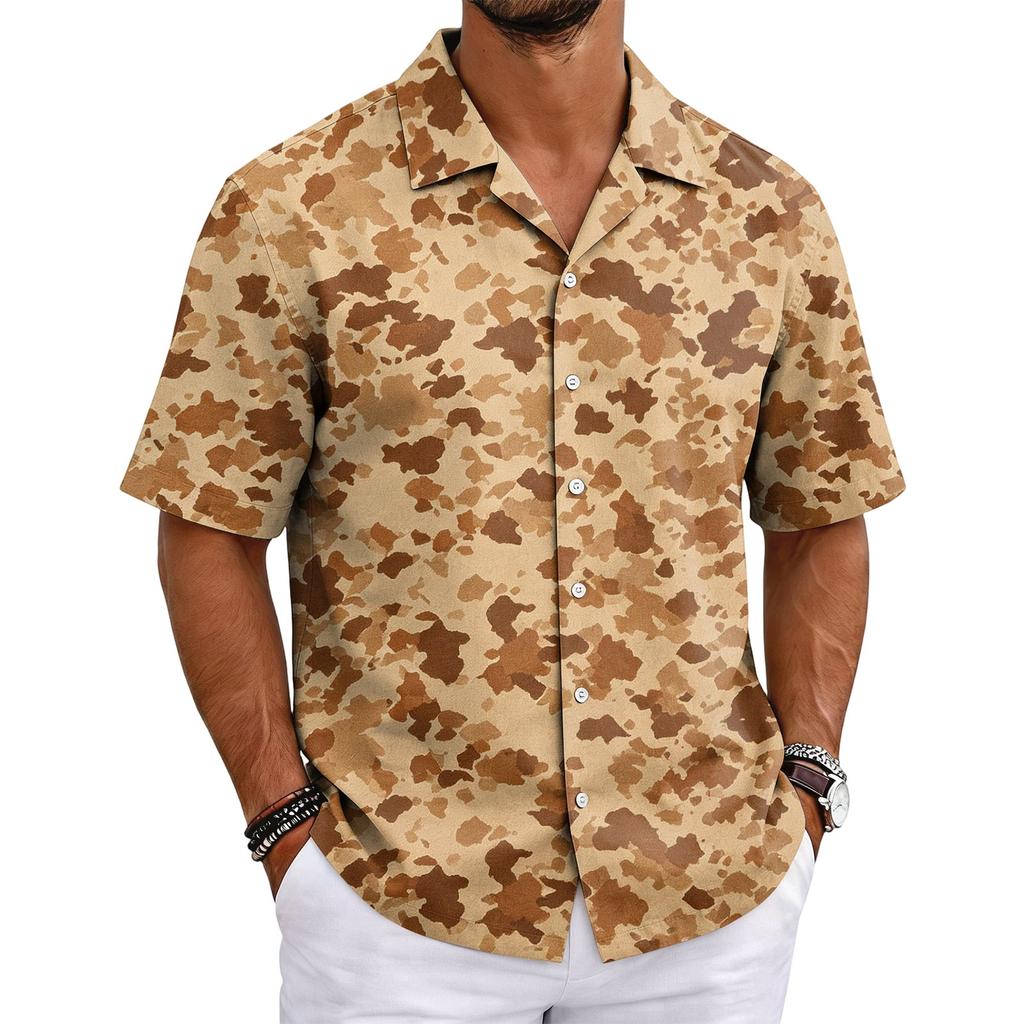 Men's Camouflage Short Sleeve Cuban Collar Shirt Lightweight Breathable Casual Button Down Shirt Summer Beachwear