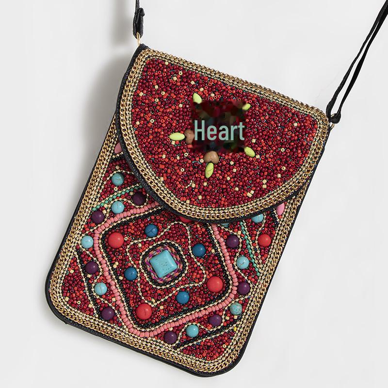 Bohemian Ethnic Shoulder Bag with Rice Beads, Shell Mobile Pocket, Floral PU Design, Women's Crossbody for Travel Photography.
