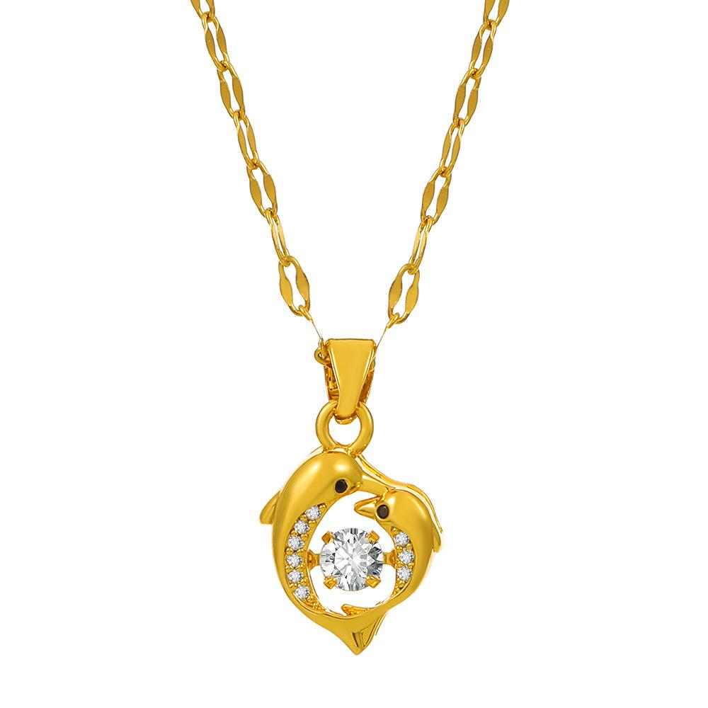 Dolphin Couple Pendant Necklace with Sparkling Stone Center Gold Tone Delicate Chain for Women