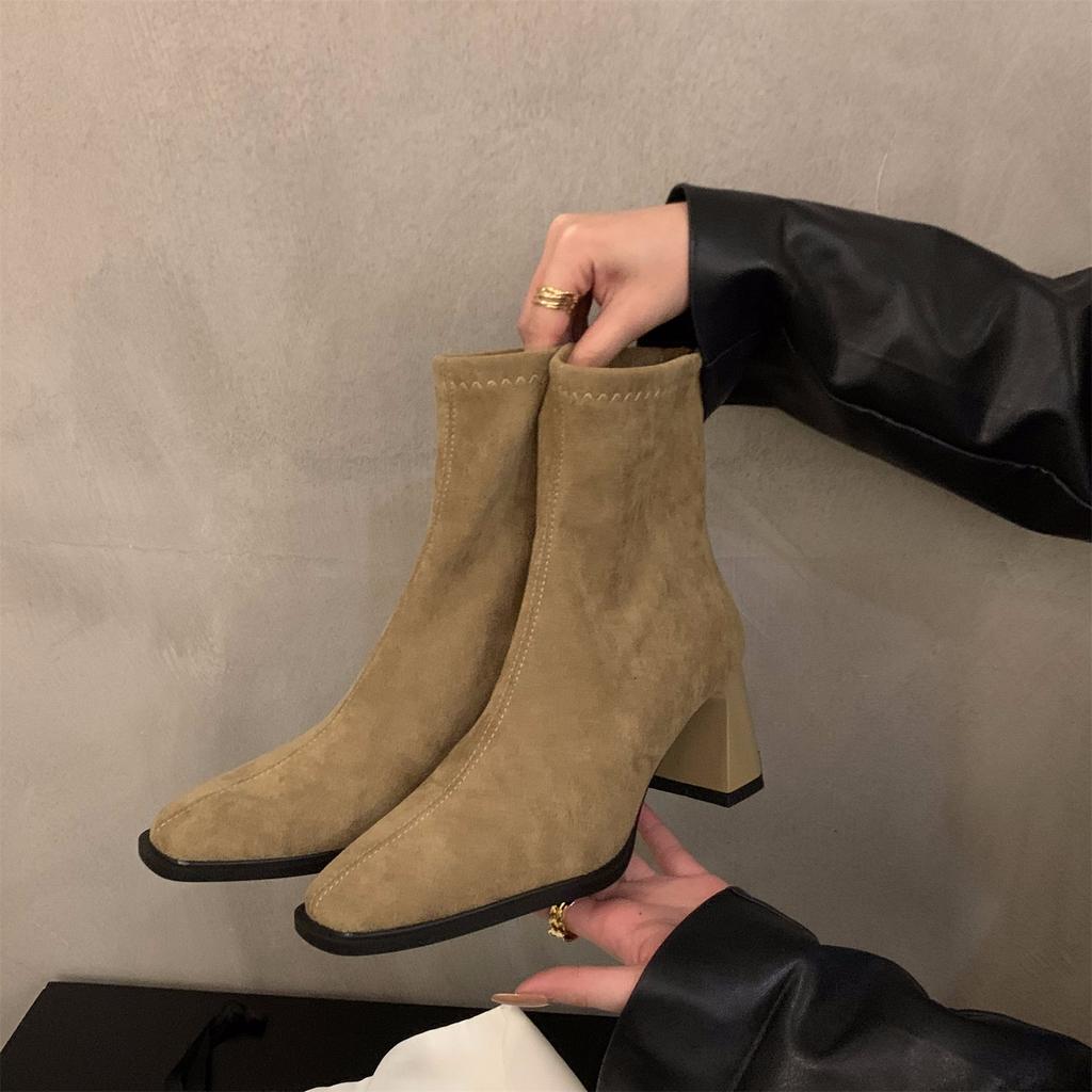 Retro suede short boots women's 2025 new autumn and winter foreign versatile and thin rear zipper square head thick heel Martin boots