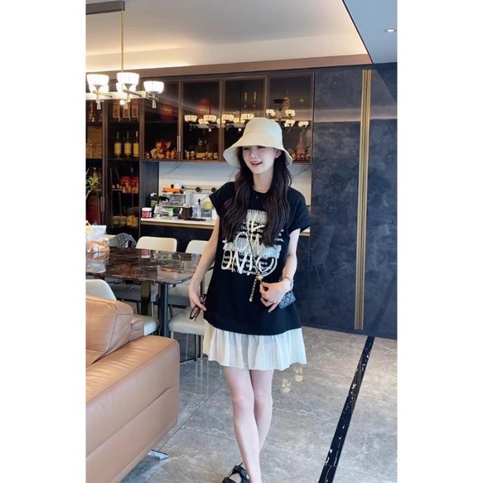 

Original Design: Letter Print Faux Two-Piece Short-Sleeve Dress - Women s Casual Loose Fit Summer Outfit Medium чёрный