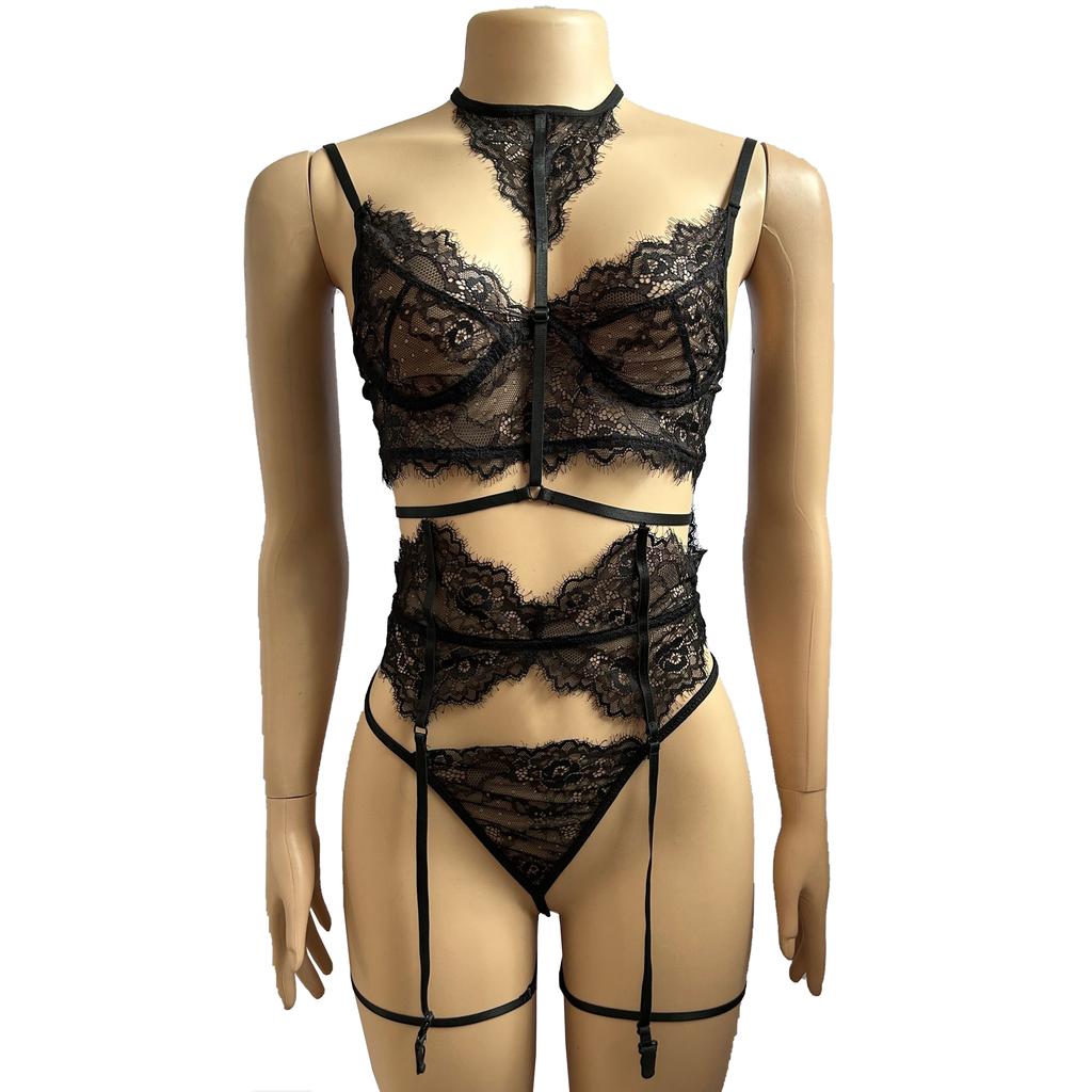 Erotic Sexy Lingerie Women Bra And Panty Garters 4pcs Transparent Lingerie Sets Wireless Women's Underwear Set Porn Sexy Costume