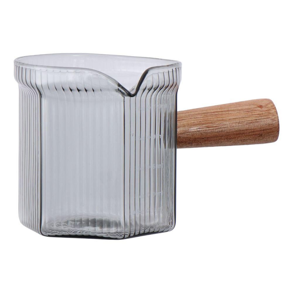 Glass Milk Cup Easy to Clean with Wood Handle Gray Measuring Cup Vertical Grain Multipurpose Espresso Cup Milk Espresso Cup