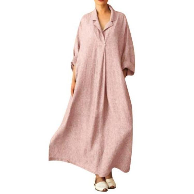 Women Autumn Spring Maxi Dress Pure Color V Neck Long Sleeves Pullover A-line Loose Hem Pleated with Side Pockets Casual Daily Wear