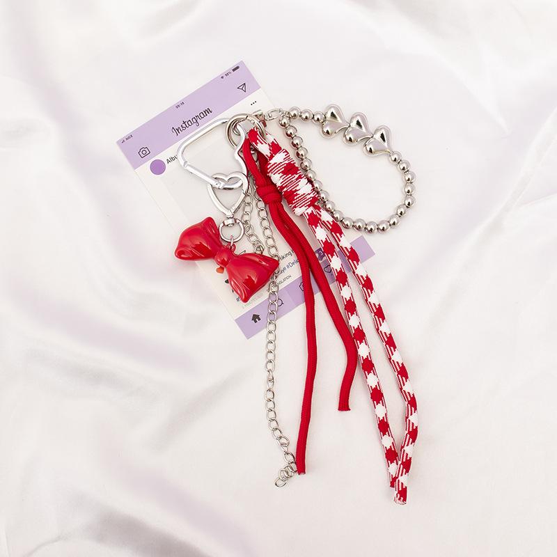 Red And White Plaid Rope Bag Charm With Or Bow Pendant Silver Beaded Chain And Tassel Design For Backpack Decor Daily Use Bag Charm