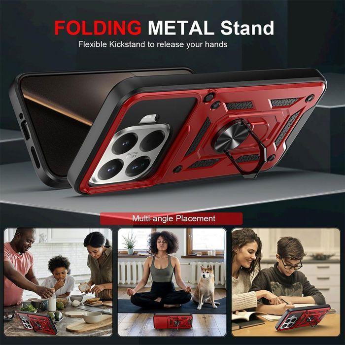 Wytrzymałe Etui - E.F.CONNECTION - do Xiaomi 15T Pro - z Pierścieniem i Osłoną Kamery - Czerwone - 2 Szyby