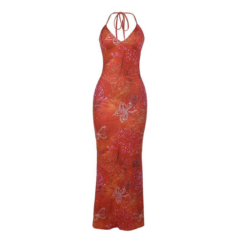 

Outfitgirl Sexy Print Bare Back Dress Sexy Vacation Deep V-neck Low Cut Lace up Slim Fit Bodycon Dress Orange color S