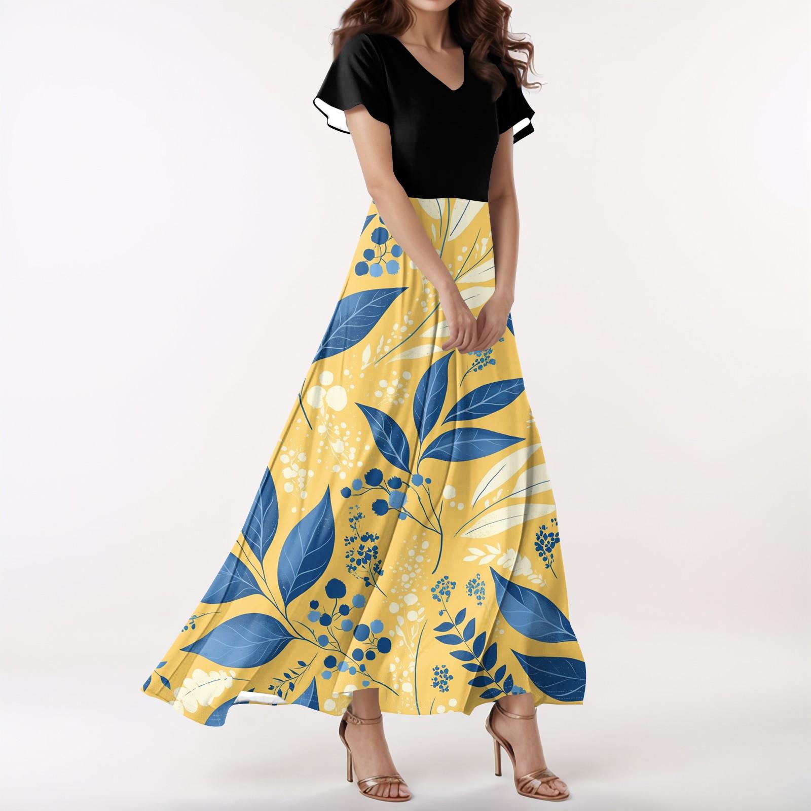 

Женское повседневное платье с V-образным вырезом, коротким рукавом, высокой талией и принтом в виде цветов и листьев в стиле ретро XL жёлтый