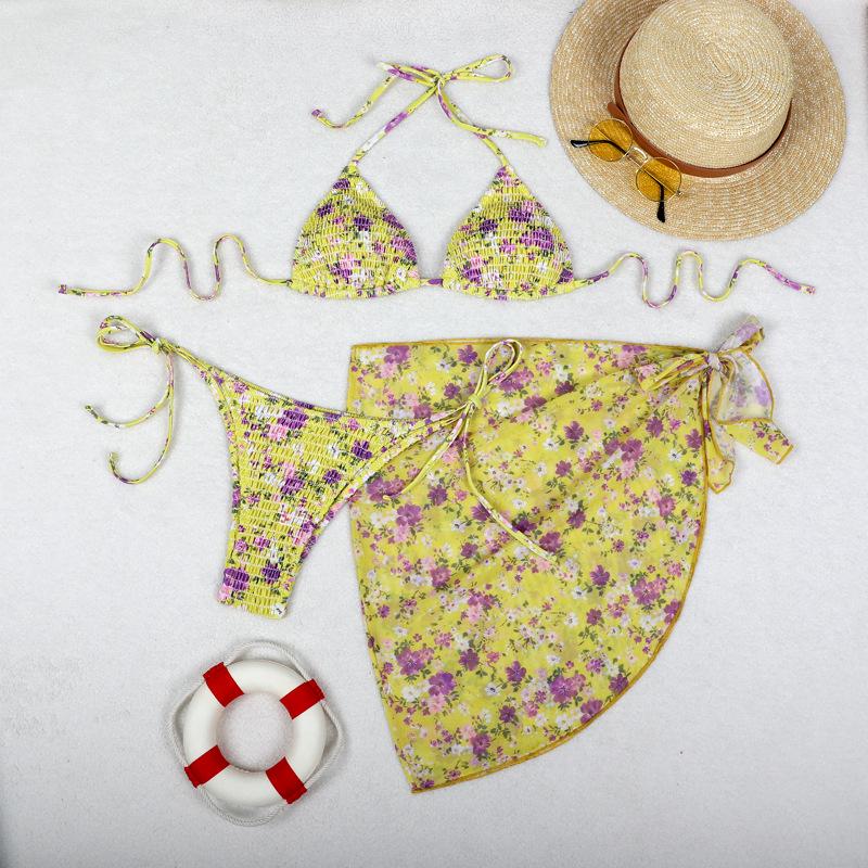 Europäisches und Amerikanisches Bedrucktes Dreiteiliges Bikini-Set mit Gaze-Rock - Sexy Urlaubs-Badeanzug