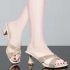 Thick-heeled slippers women's 2025 summer new sandals women's medium-heeled one-word drag fashion versatile rhinestone high-heeled cool slippers
