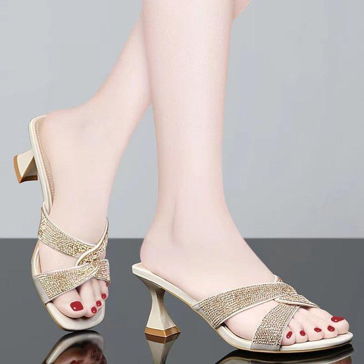 Thick-heeled slippers women's 2025 summer new sandals women's medium-heeled one-word drag fashion versatile rhinestone high-heeled cool slippers