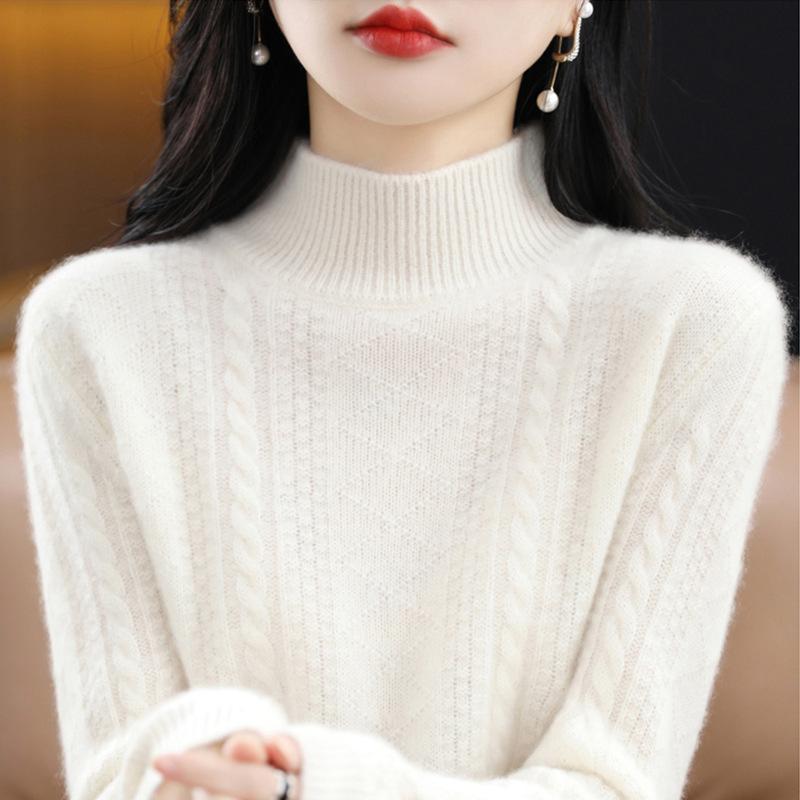 

Женский однотонный свитер с длинным рукавом и воротником-стойкой на осень и зиму 3XL теплый белый