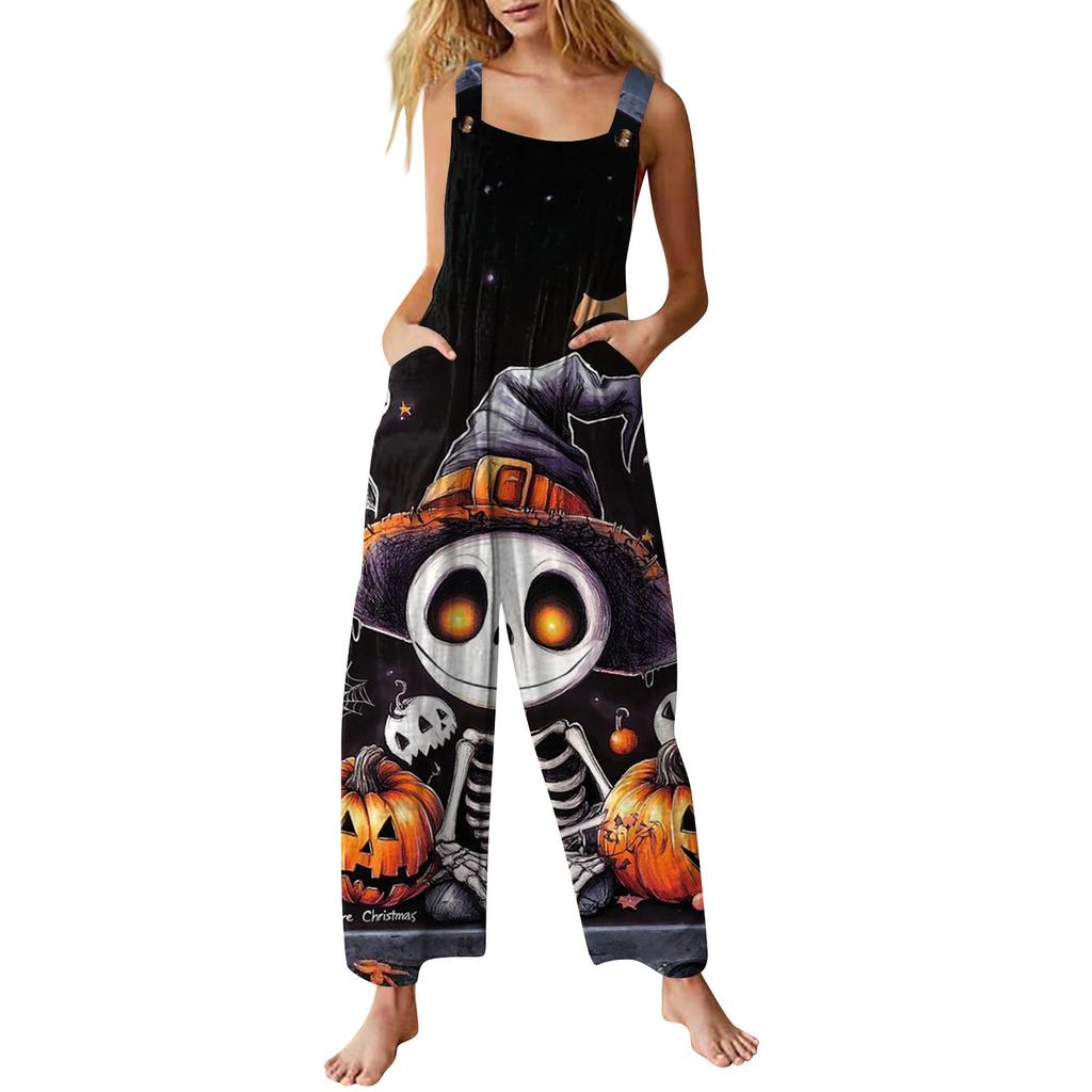 Women's Casual Halloween Printed Jumpsuit Sleeveless Printed Cotton Jumpsuit