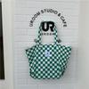 181 Checkerboard Green Grid Canvas Bag College Style Commuter Shoulder Bag Retro Tote Bag