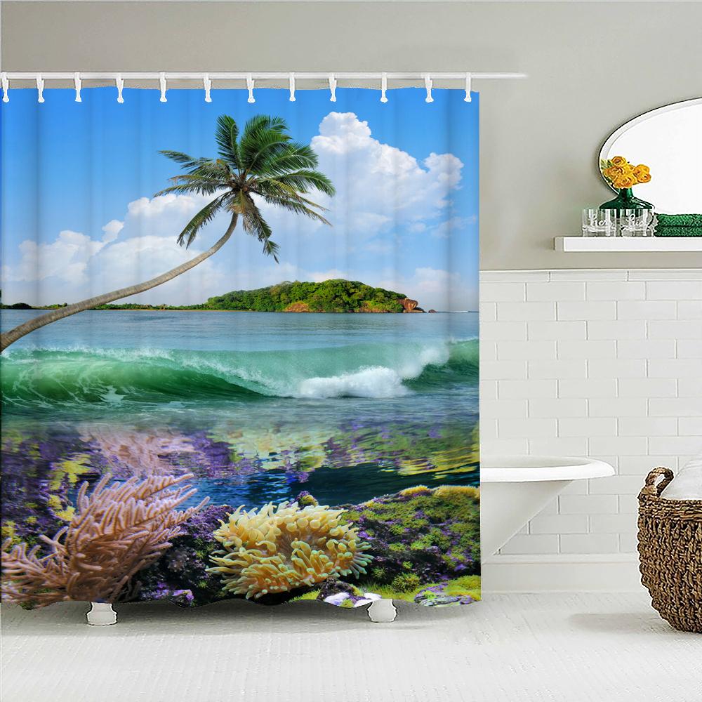 Ocean Sunrise Shower Curtain Summer Beach Tropical Palm Tree Hawaiian Sunset Coastal Scenery Sea Wave Bath Curtain With Hooks