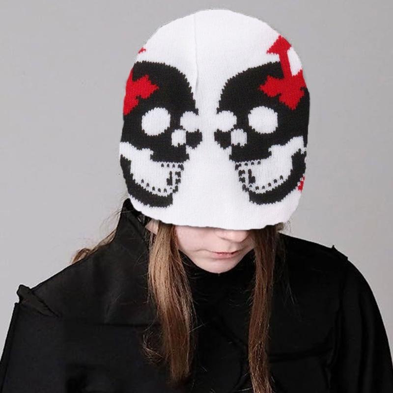 Knit Double Skull Beanie Hat for Students Adult Windproof Foldable Winter Hat Handmade Halloween Keep Warm Cycling Hat