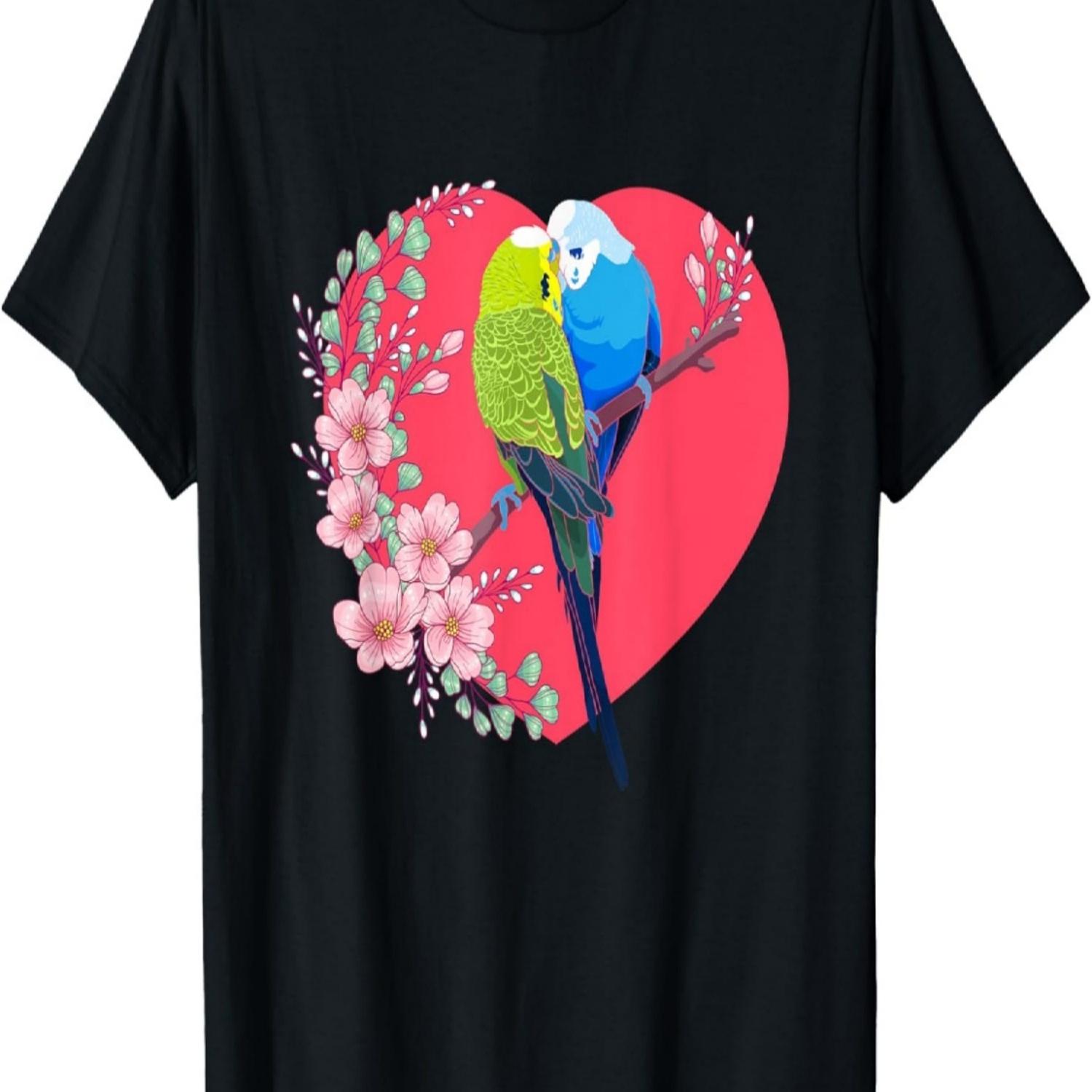Kissing Budgerigars Loving Budgies, Heart and Cherry Blossom T-Shirt S чёрный