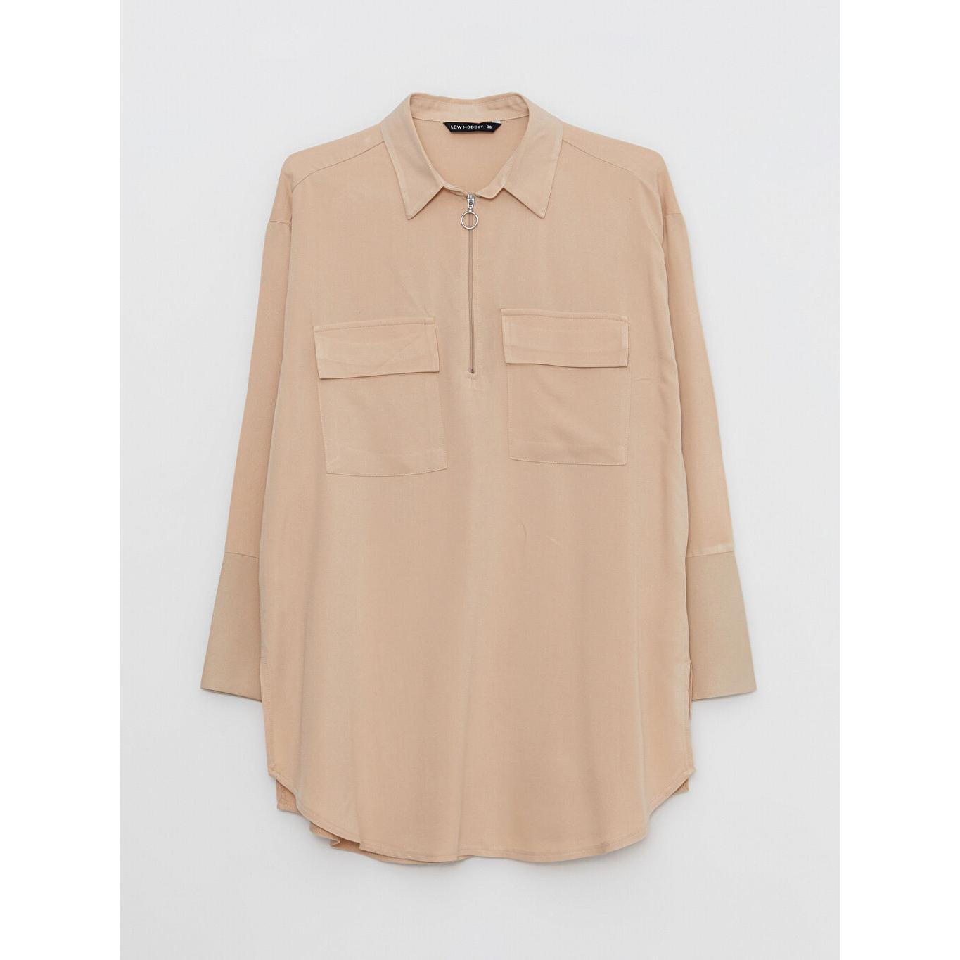 

MODEST Рубашечный Воротник Прямой Длинный Рукав Oversize Женская Туника из Вискозы Бежевая