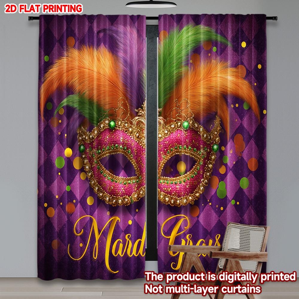 2D Flat Printing 2pcs Curtain Party Curtains Mardi Gras Feathered Mask(1) Digital Printed Polyester Drapes Seasonal Party &