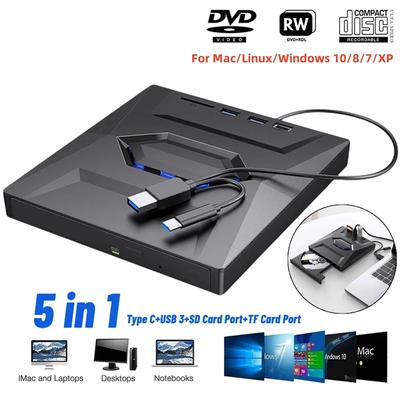 Unidad de CD DVD externa USB 3,0 tipo C lector de tarjetas SD TF reproductor de disco CD DVD ROM portátil lector regrabador para ordenador portátil PC Mac
