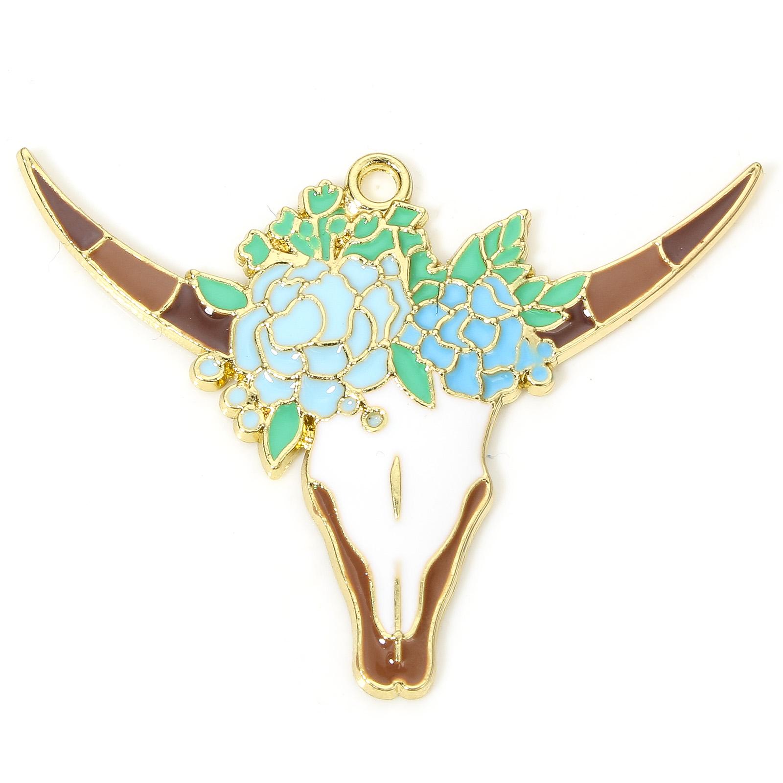 

5 PCs West Cowboy Pendants Bull Head/ Cow Head Flower Leaves Enamel Zinc Based Alloy Charms For DIY Jewelry Making 4.6cm x 3.4cm