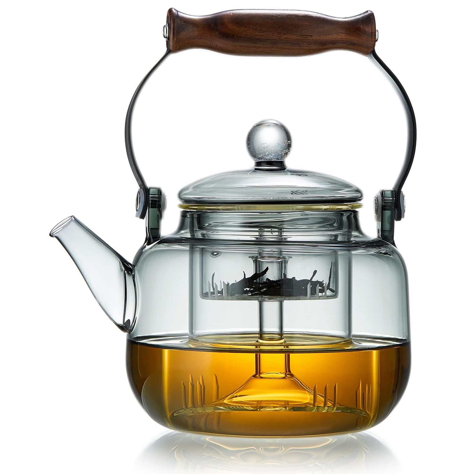 

Pokaro Tea Heat-Resistant Glass Teapot, Stylish Teapot, Clear Glass, Stovetop Safe, Glass Strainer Included, Wooden Handle, Hand-Held, 900ml, Gray,