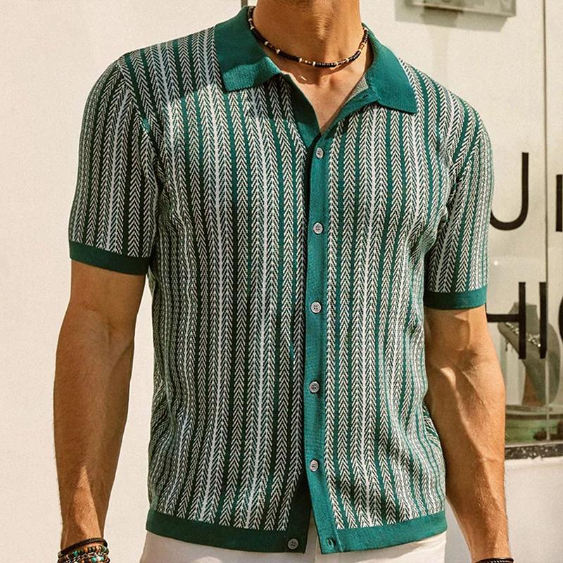 

Fashion Short Sleeve Button-down Cardigan Summer Men s Knitted Jacquard Business Polo Shirt Vintage Leisure Top XXXL зелений