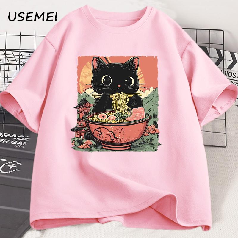 Cute Black Cat Eating Ramen T-Shirt Men Women Adorable Graphic Tee Shirt Foodie and Cat Lover Tshirt Animal Printed Tees Top