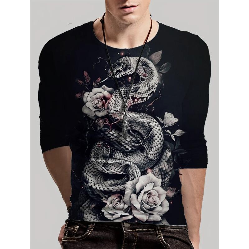 Round Neck 3D Snake Printed Top Casual Long Sleeved Men's T-shirts - Soft Medium Stretch Polyester Fabric Spring and Autumn Relaxed Fit Clothing