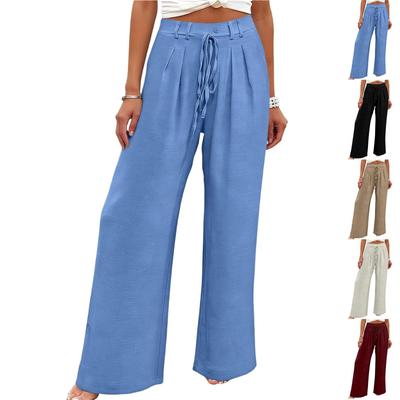 Women Elastic High Waist Pant Casual Fit Wide Leg Long Pants Trousers With Pockets