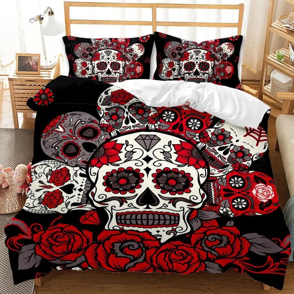 Halloween Skull Comforter Cover Collection Queen Dimension Size Black Gothic Skeleton Paisley Floral Sleep Bedding Collection Polyester Fabric