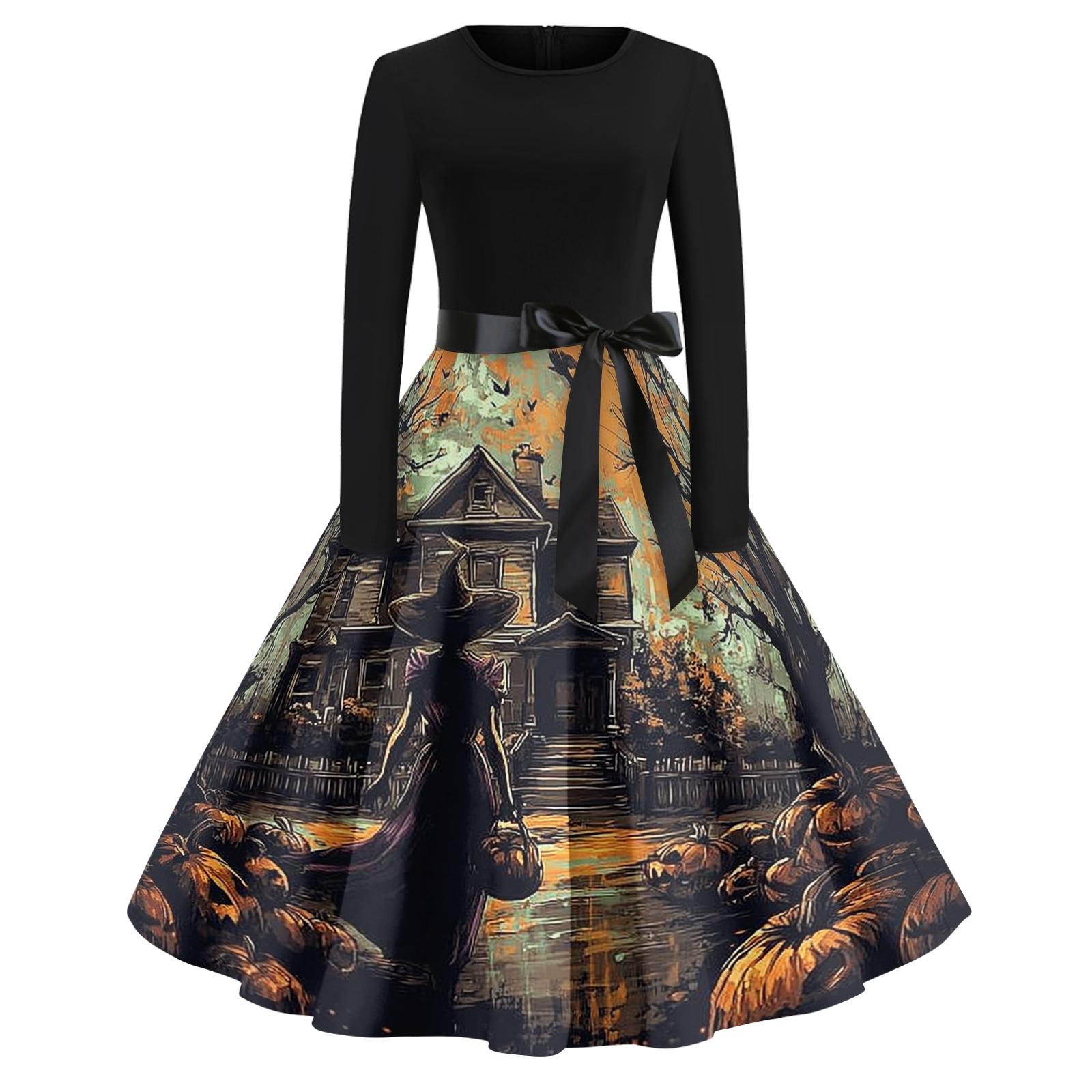 

Women s Casual Fashion Round Neck Halloween Printed Vintage Dress L