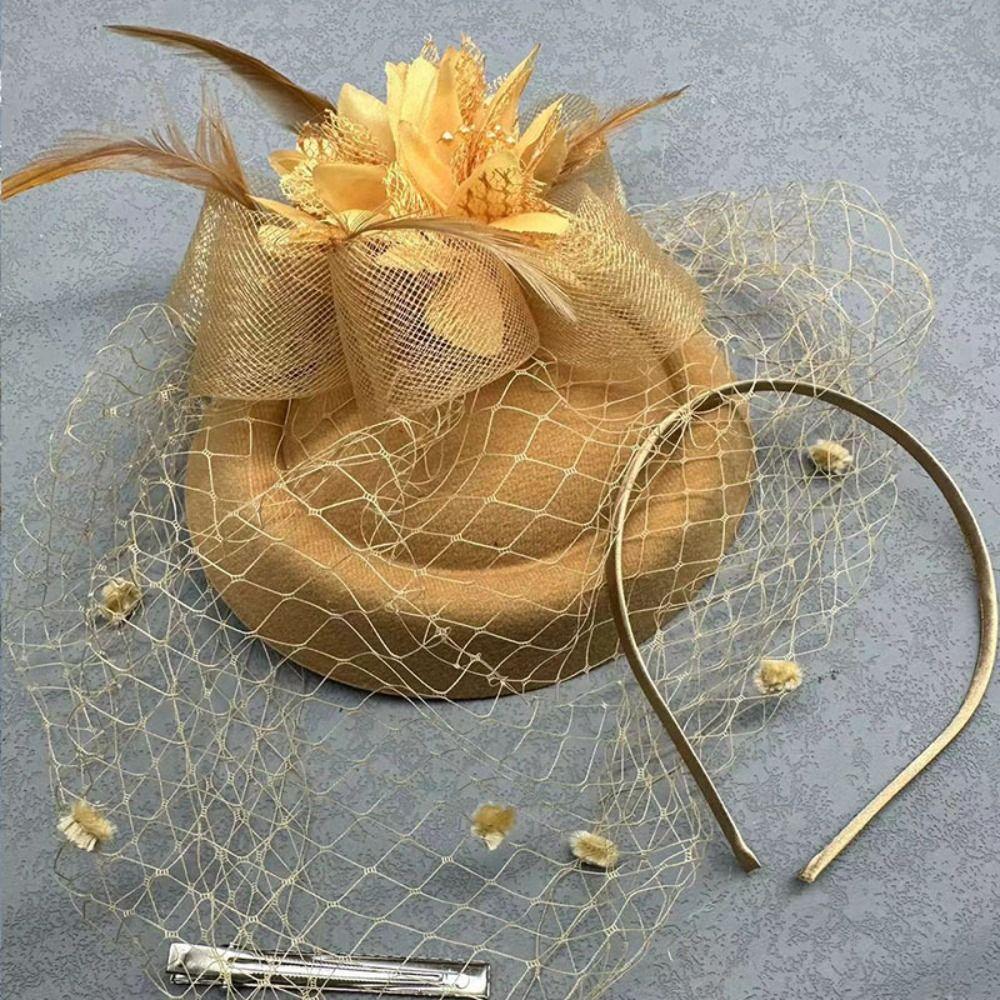 Feather Women Mini Mesh Hat Headband Flower Veil Hair Clips  Wedding Hair Accessory