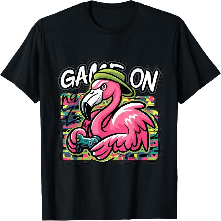 Funny Cool Pink Flamingo Video Gamer Graffiti Abstract T-Shirt S