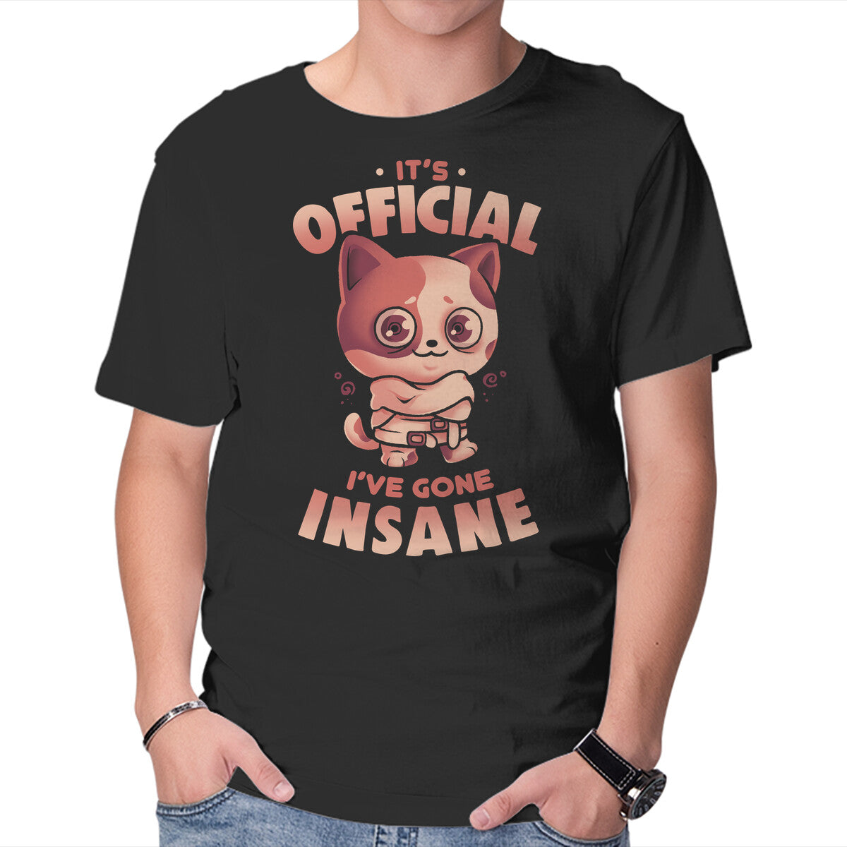 Unisex Crew Neck T-Shirt Insane Cat Graphic Short Sleeve Casual Tee S