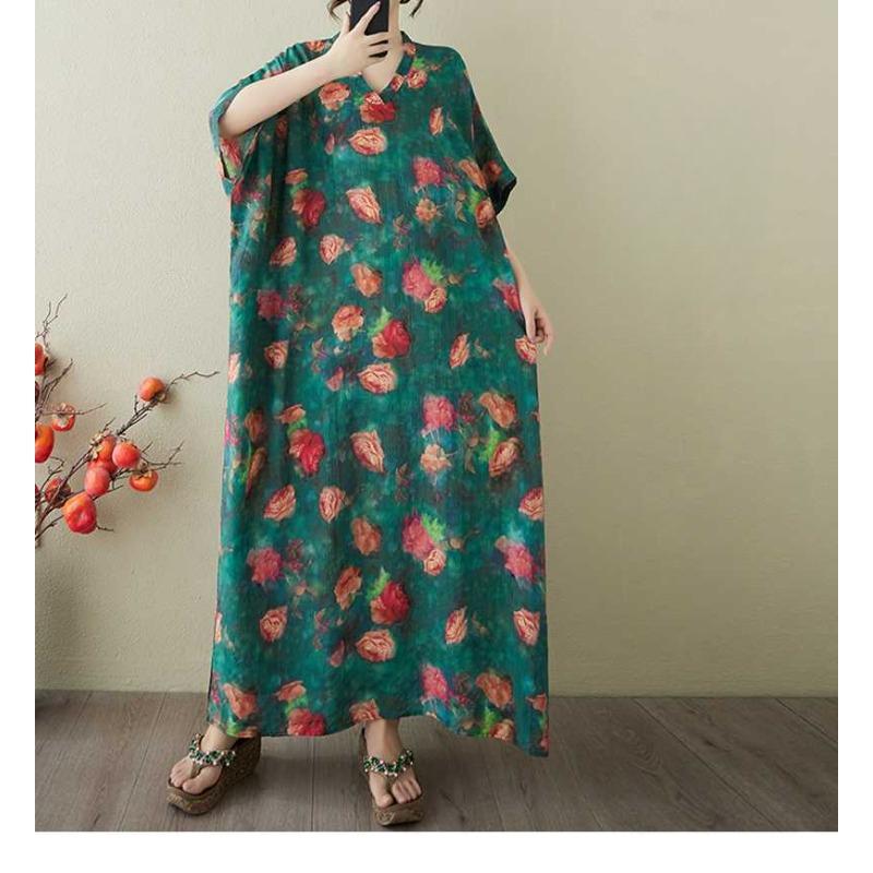 Women's Vintage Long Dress with Cotton and Linen Patterns