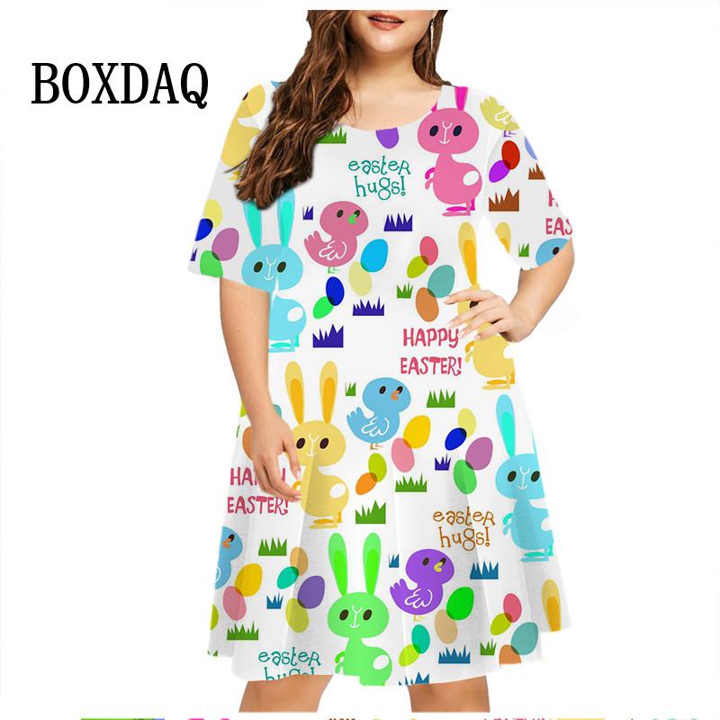 3D Cartoon Hase Print Kleid Osterei Kleid Damen Kurzarm Mode Kawaii Freizeitkleider Party Übergroße Damenbekleidung