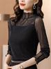 YANGRONG Lace Long Sleeve High Neck Layered Stylish Women's Top, Shirt, Top, Pullover, Sheer, Elegant, Korean, Feminine, Soft, Look, Slimming, Cute,