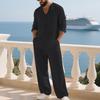Conjunto de Linho Masculino: Conjunto Esportivo Casual para Praia, Gola V, Corte Amplo, Manga Longa