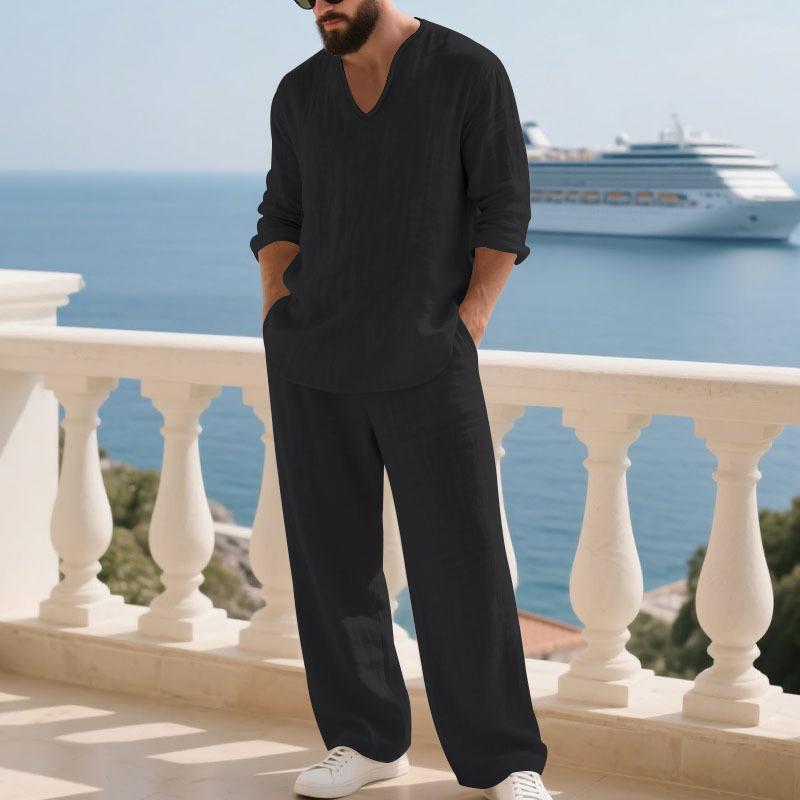 

Men s Autumn Linen Set: Casual Beachwear, V-neck, Loose-fit Long-sleeved Top and Trousers Sports Set S чёрный