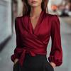 2026 Summer V-neck Satin Tie-up Waist Women's Elegant Solid Top - Cross-border Europe Fashion