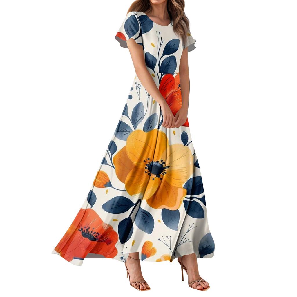 Dámské ležérní šaty s havajským potiskem, kulatým výstřihem a krátkým rukávem, s vysokým pasem